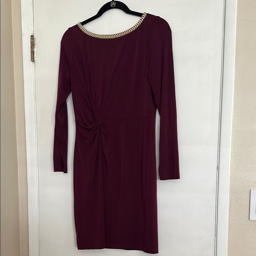 Jessica Simpson Elegant Burgundy wine Cocktail Dress with silver neck Accents